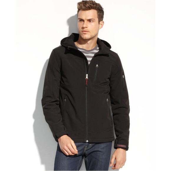 Guess Men's Soft Shell Hooded Jacket Size S Black Full Zip Long Sleeve Pocket - Picture 1 of 10
